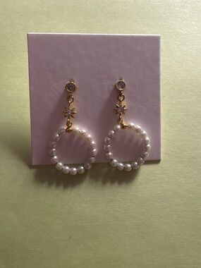 Gold & Pearl Hoop Drop Earrings with Star Accent - Women Jewelry